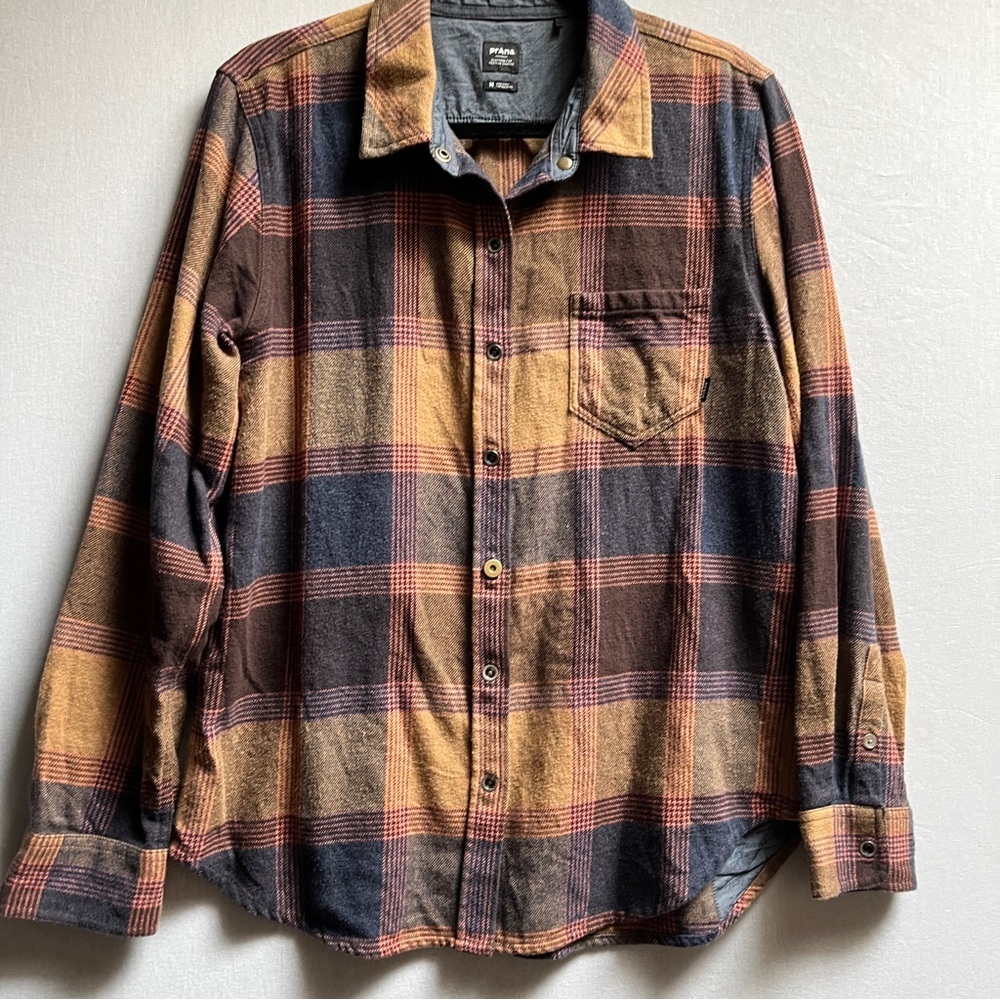 Prana Men's Plaid Flannel Snap Button Casual Shirt Orange Brown Sz M